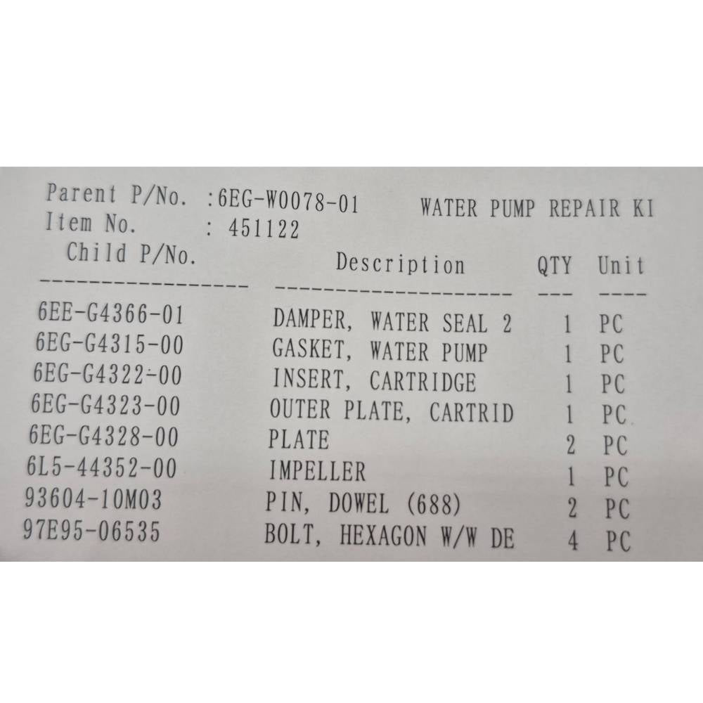 Yamaha F2.5 4-Stroke Water Pump Repair Kit - 6EG-W0078-02-00 - OEM