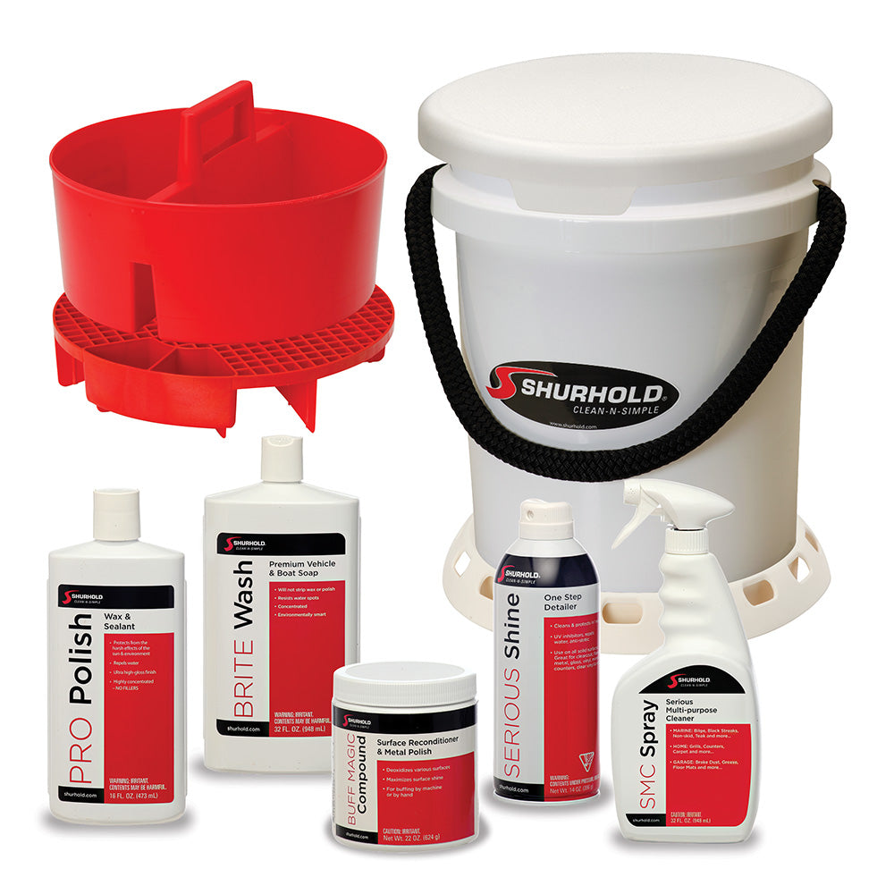 Shurhold 5 Gallon White Bucket Kit  Includes Bucket Caddy Grate Seat Buff Magic Pro Polish Brite Wash SMC  Serious Shine